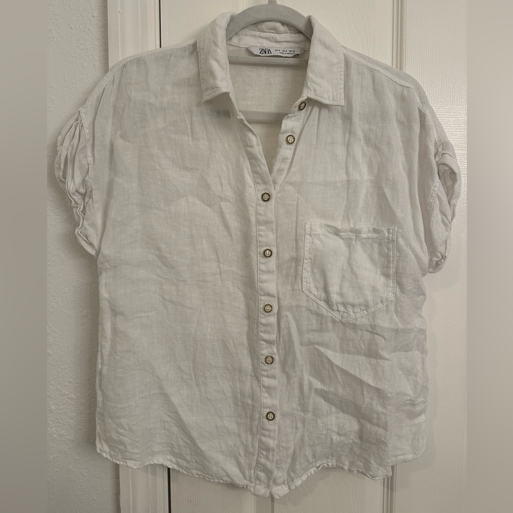Zara white linen short-sleeve button-down